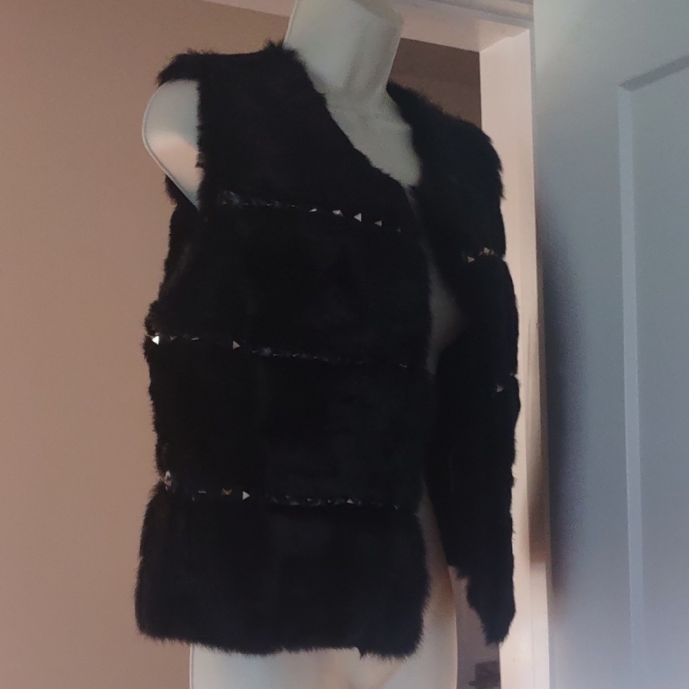 Love Token Black Faux Fur Vest with Stud Accents